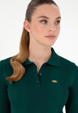 Kadın Koyu Yeşil Polo Yaka Kazak - 50297087035