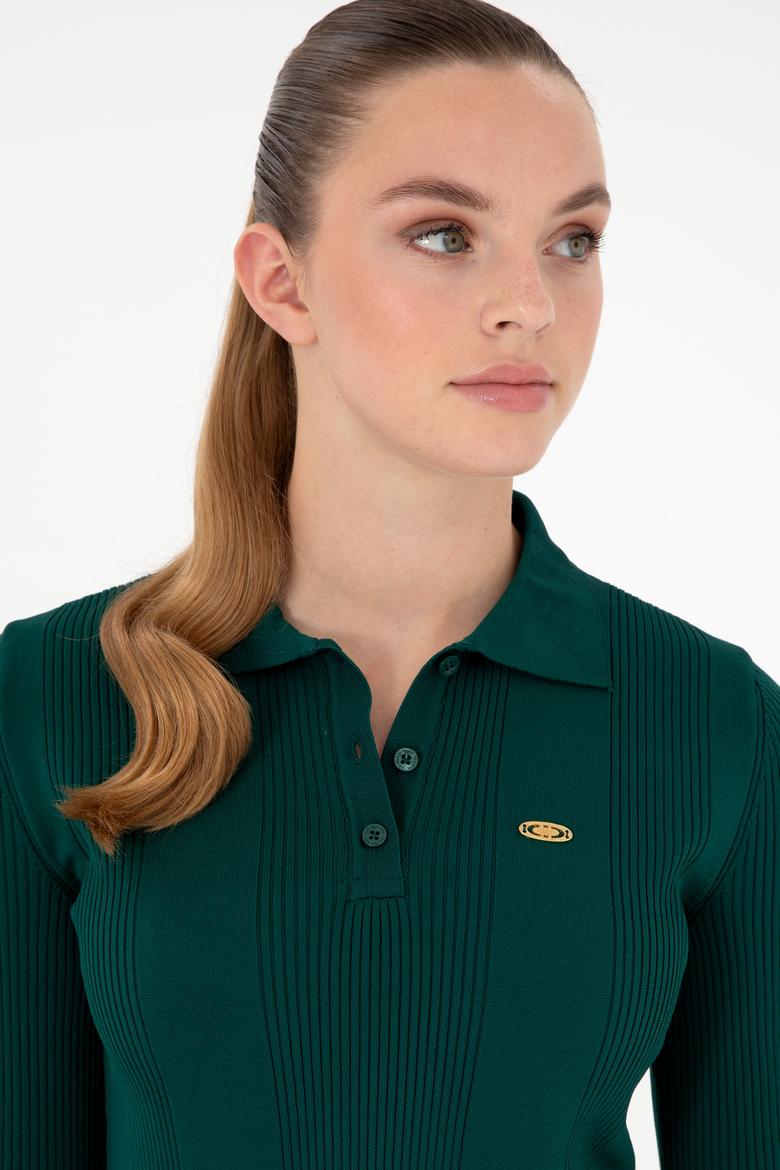 Kadın Koyu Yeşil Polo Yaka Kazak - 50297087035