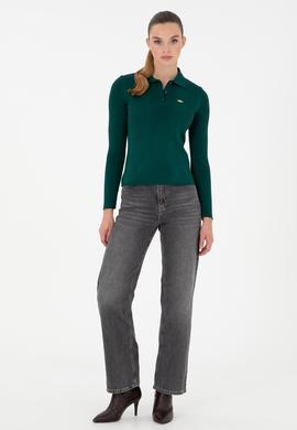 Kadın Koyu Yeşil Polo Yaka Kazak - 50297087035