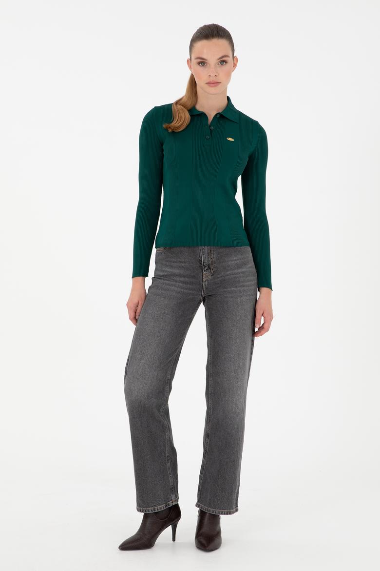 Kadın Koyu Yeşil Polo Yaka Kazak - 50297087035
