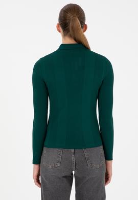 Kadın Koyu Yeşil Polo Yaka Kazak - 50297087035