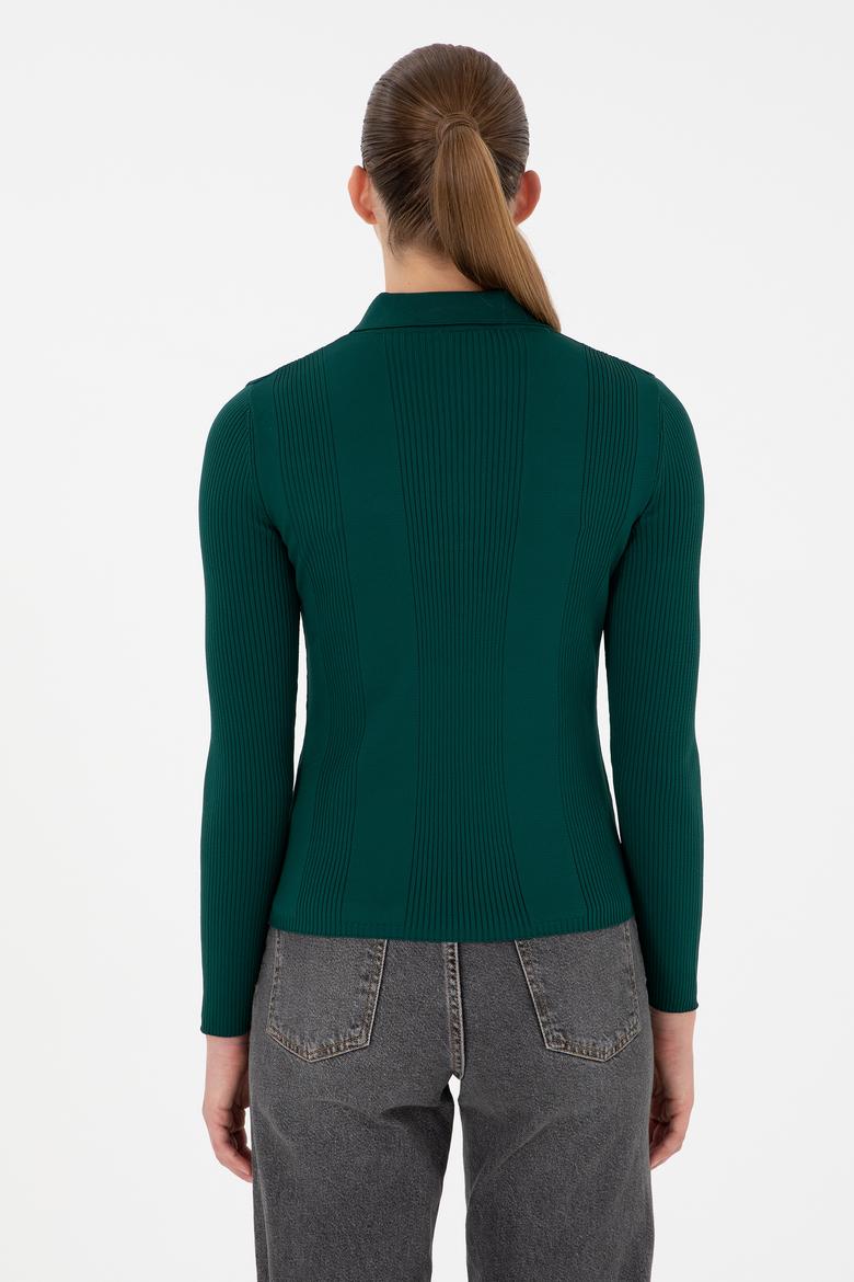 Kadın Koyu Yeşil Polo Yaka Kazak - 50297087035