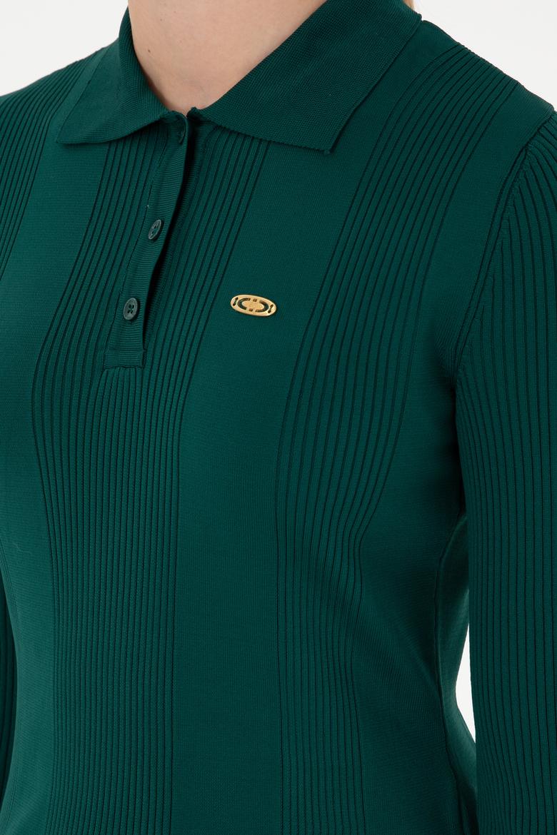 Kadın Koyu Yeşil Polo Yaka Kazak - 50297087035