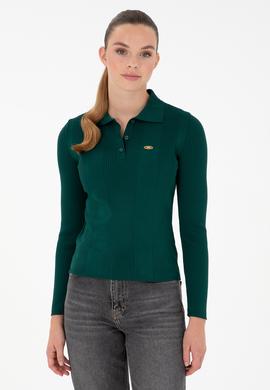 Kadın Koyu Yeşil Polo Yaka Kazak - 50297087035