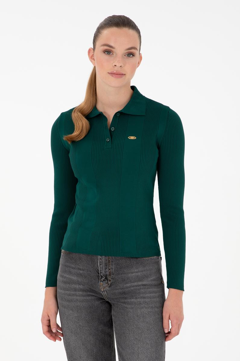 Kadın Koyu Yeşil Polo Yaka Kazak