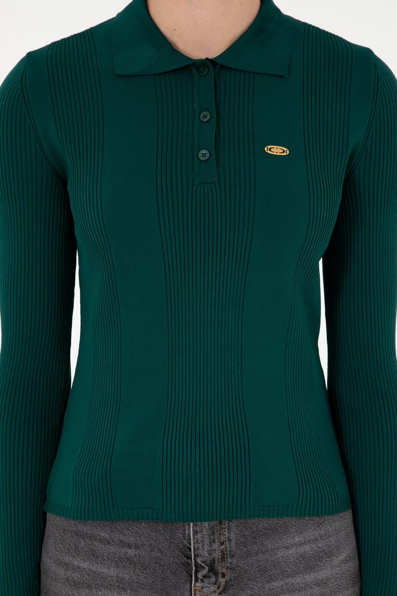 Kadın Koyu Yeşil Polo Yaka Kazak - 50297087035
