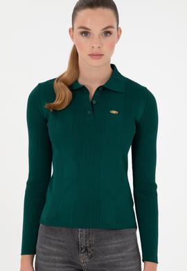 Kadın Koyu Yeşil Polo Yaka Kazak - 50297087035