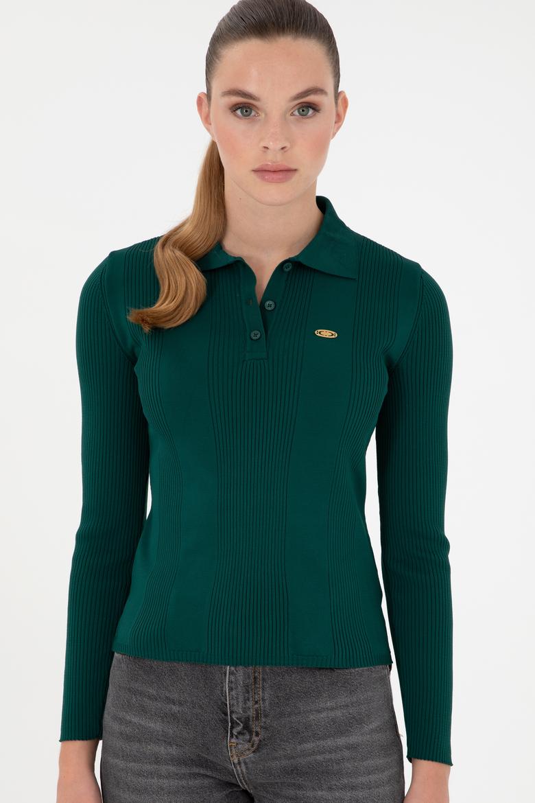 Kadın Koyu Yeşil Polo Yaka Kazak - 50297087035