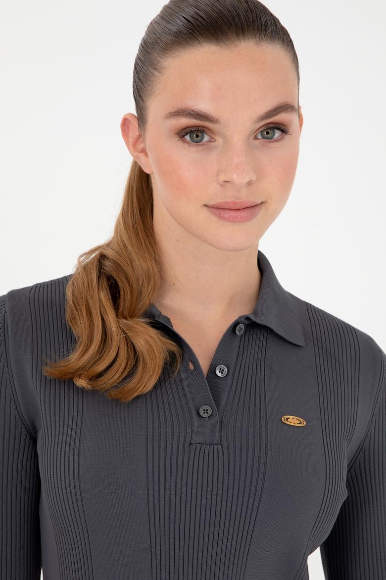 Kadın Antrasit Polo Yaka Kazak - 50297087055