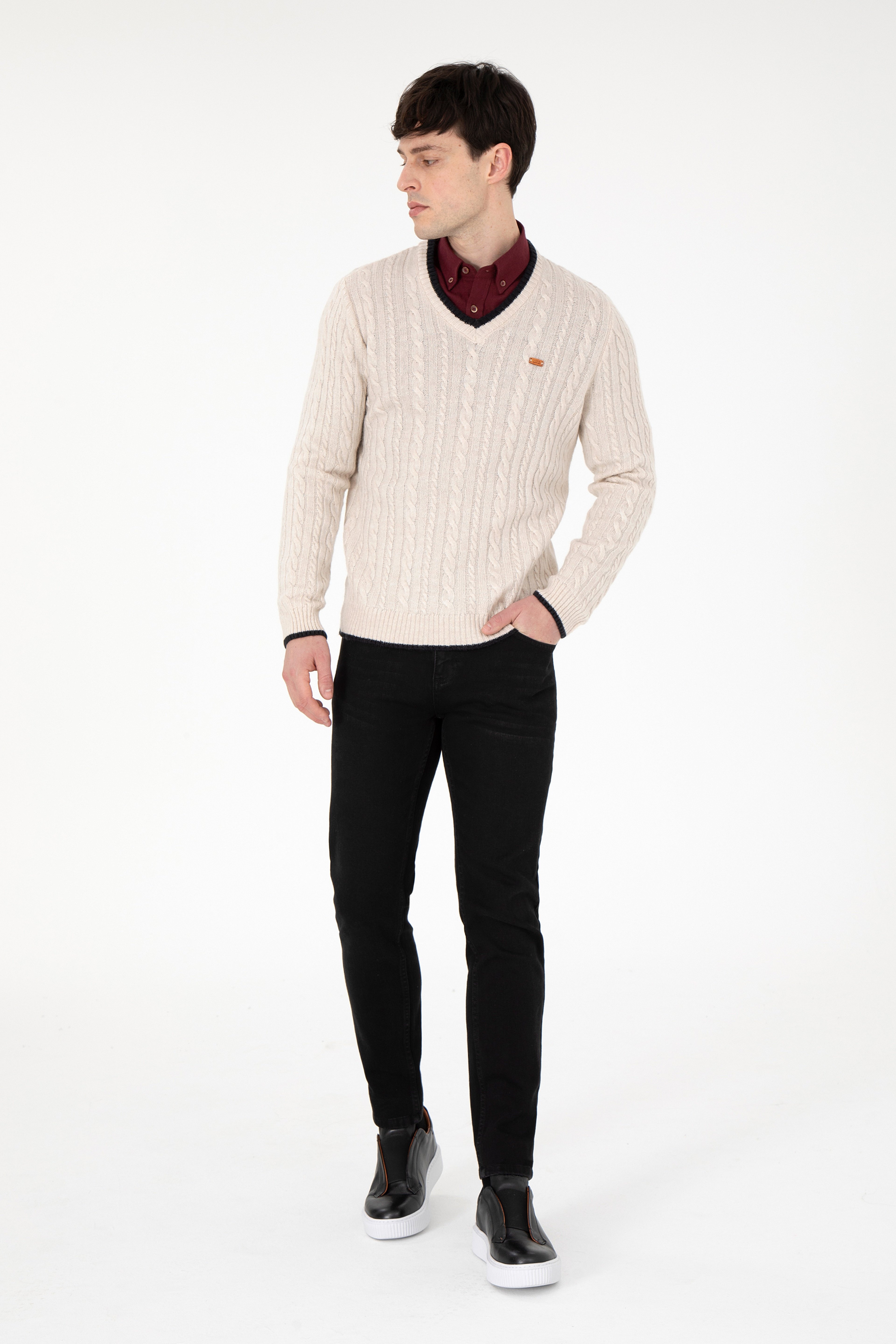 Erkek Regular Fit V Yaka Taş Yaka Detaylı Kazak - Image 4