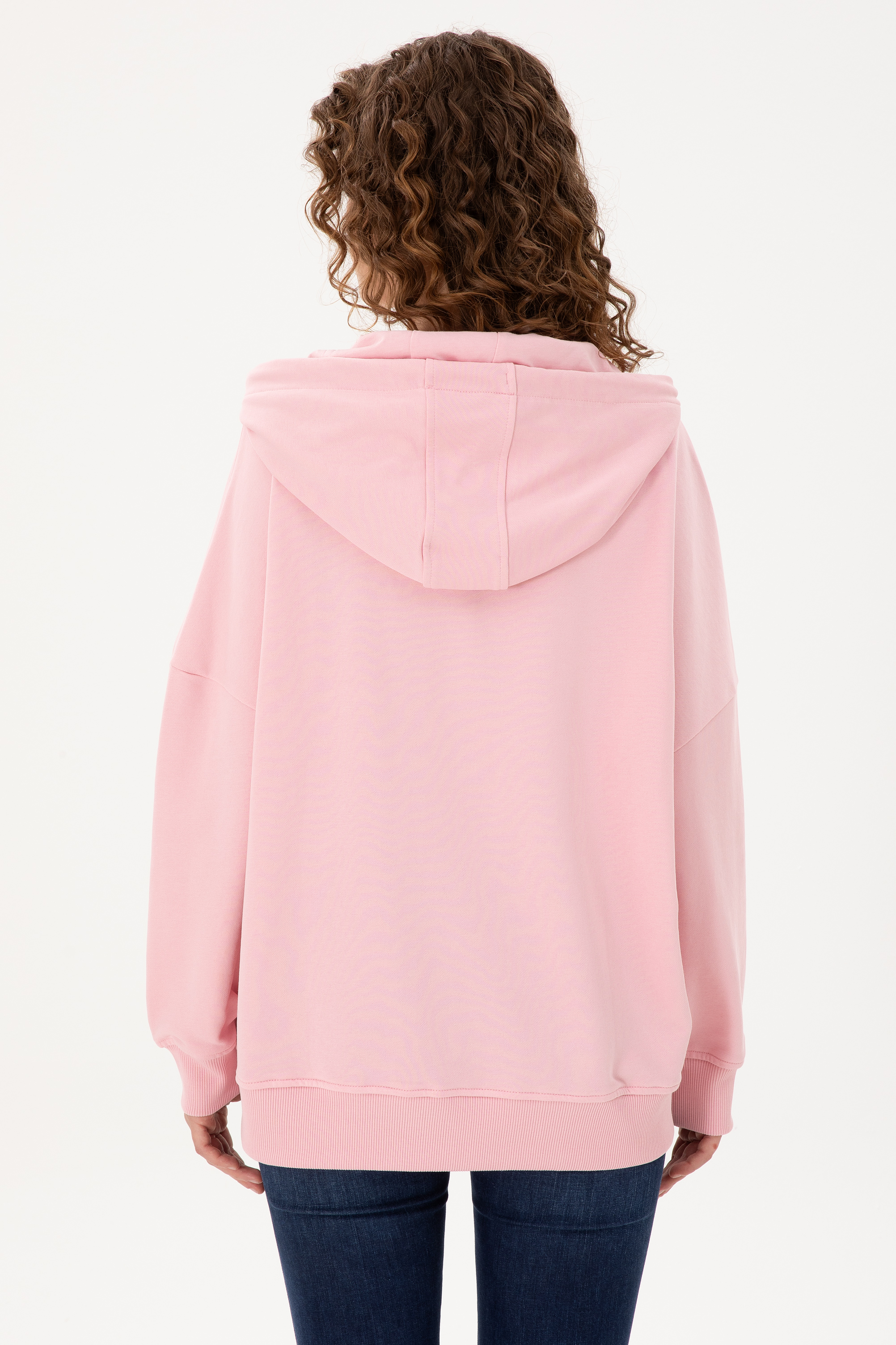 Kadın Pudra Kapüşonlu Basic Sweatshirt - Image 5