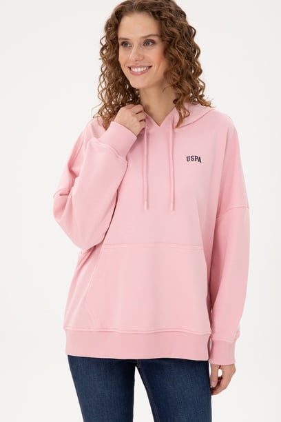 Kadın Pudra Kapüşonlu Basic Sweatshirt