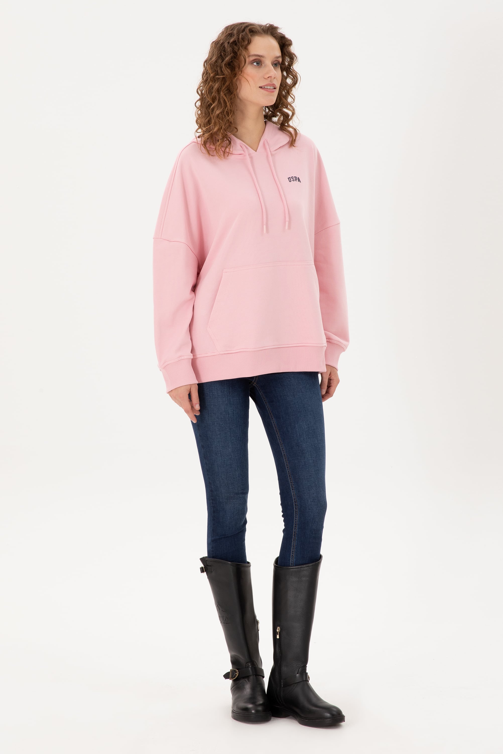 Kadın Pudra Kapüşonlu Basic Sweatshirt