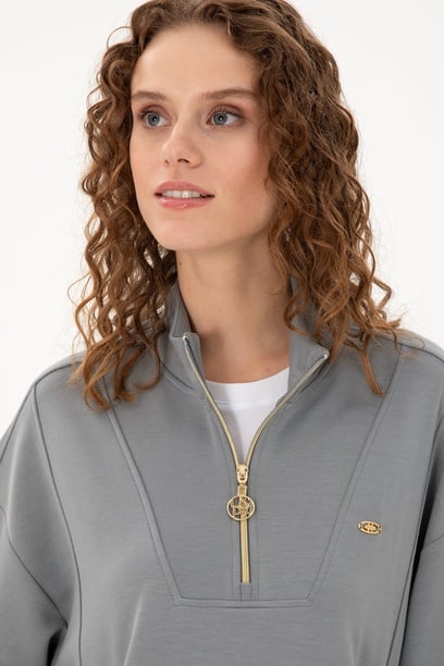 Kadın Gri Modal Karışımlı Fermuarlı Dik Yaka Sweatshirt