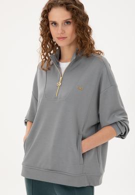 Kadın Gri Modal Karışımlı Fermuarlı Dik Yaka Sweatshirt - 50298988008