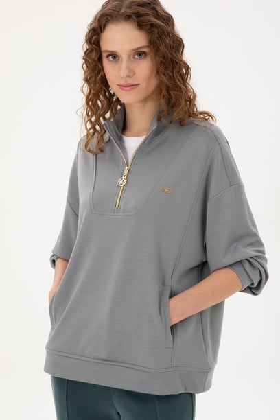 Kadın Gri Modal Karışımlı Fermuarlı Dik Yaka Sweatshirt