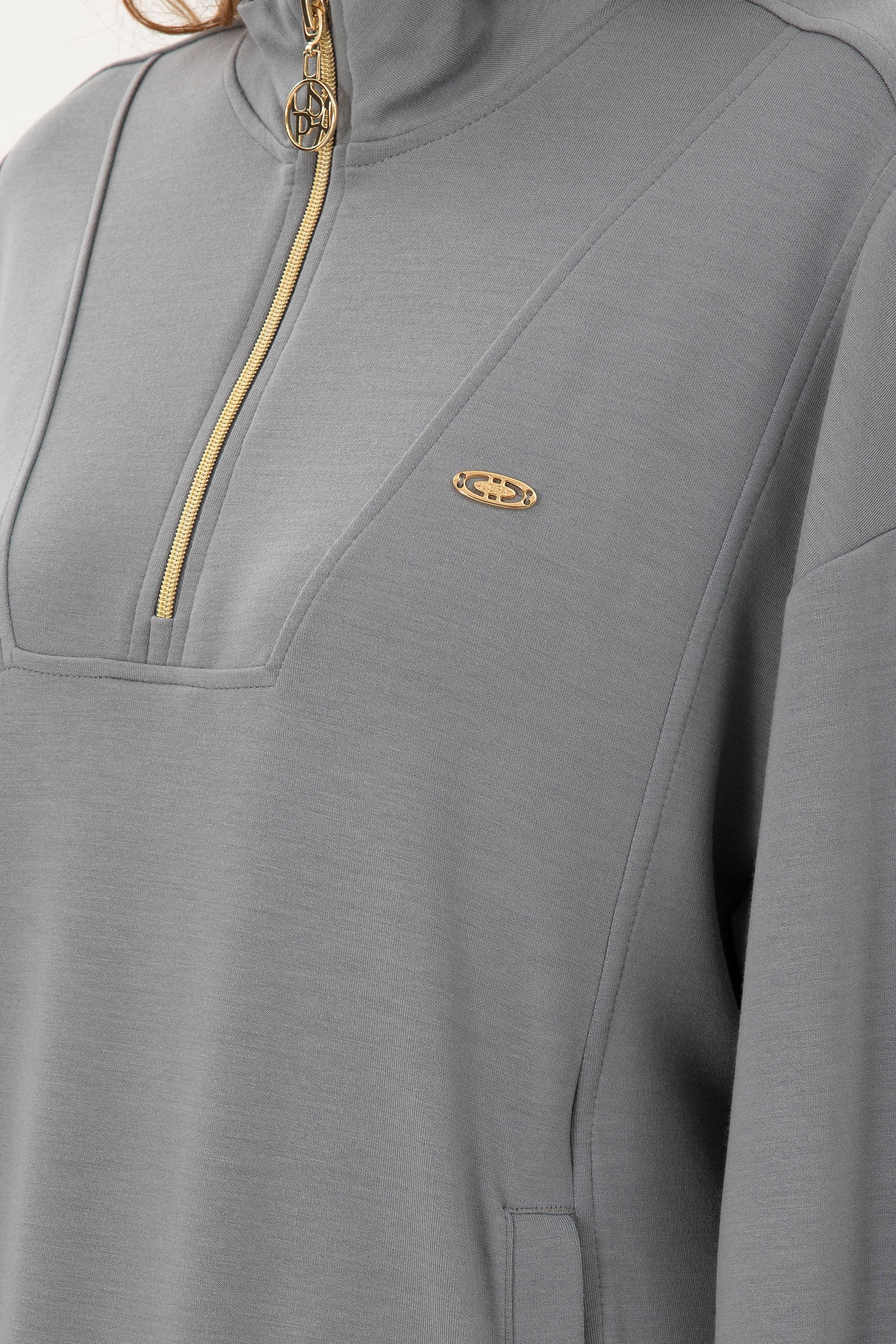 Kadın Gri Modal Karışımlı Fermuarlı Dik Yaka Sweatshirt