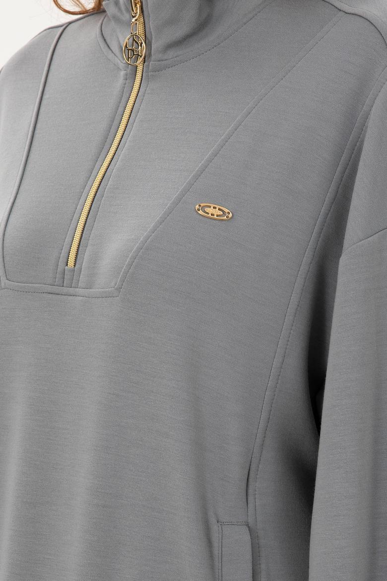 Kadın Gri Modal Karışımlı Fermuarlı Dik Yaka Sweatshirt - 50298988008