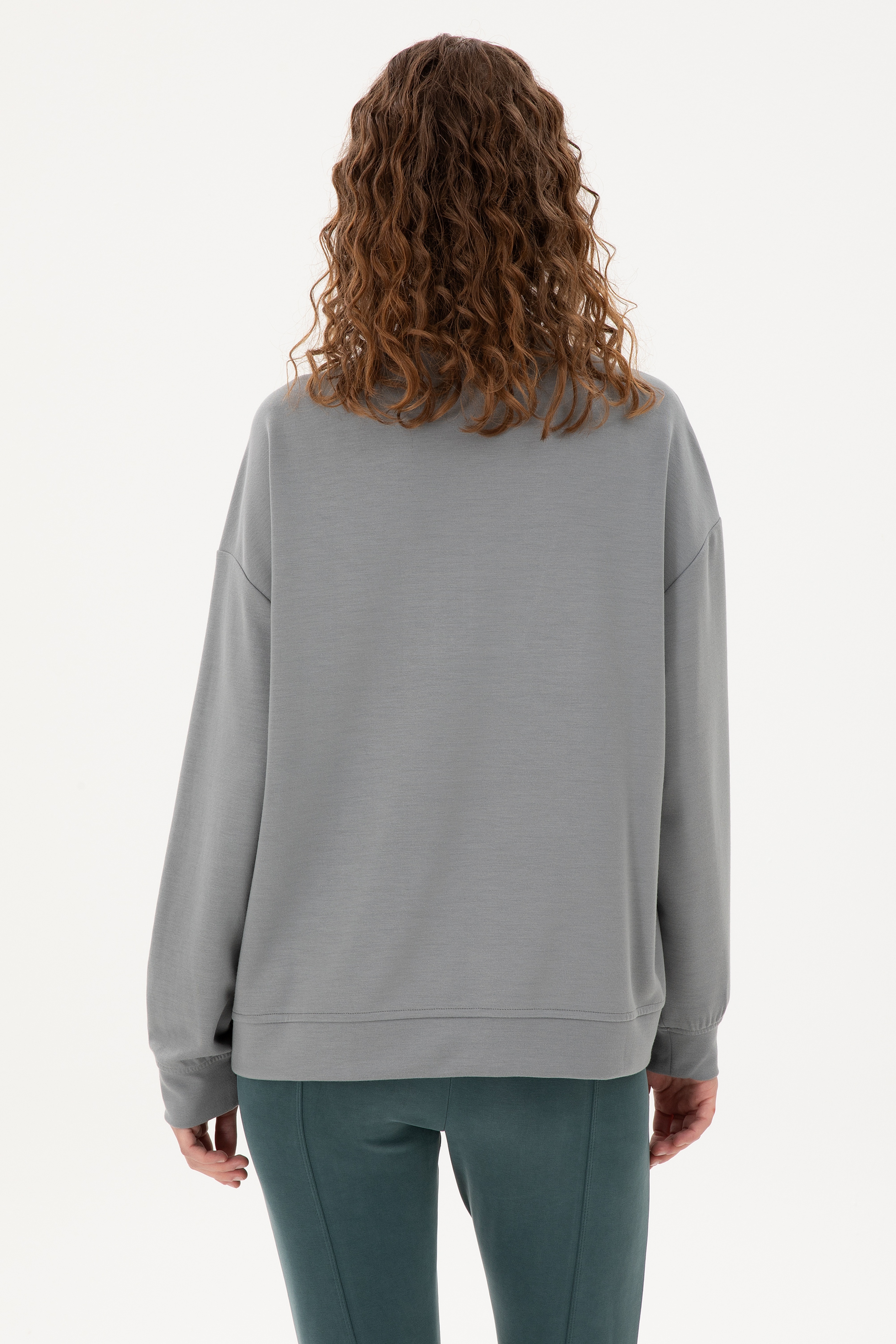 Kadın Gri Modal Karışımlı Fermuarlı Dik Yaka Sweatshirt