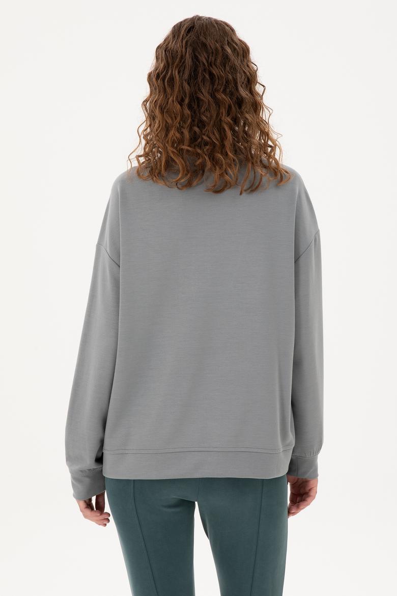 Kadın Gri Modal Karışımlı Fermuarlı Dik Yaka Sweatshirt - 50298988008