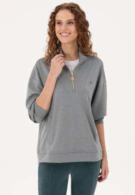 Kadın Gri Modal Karışımlı Fermuarlı Dik Yaka Sweatshirt - 50298988008