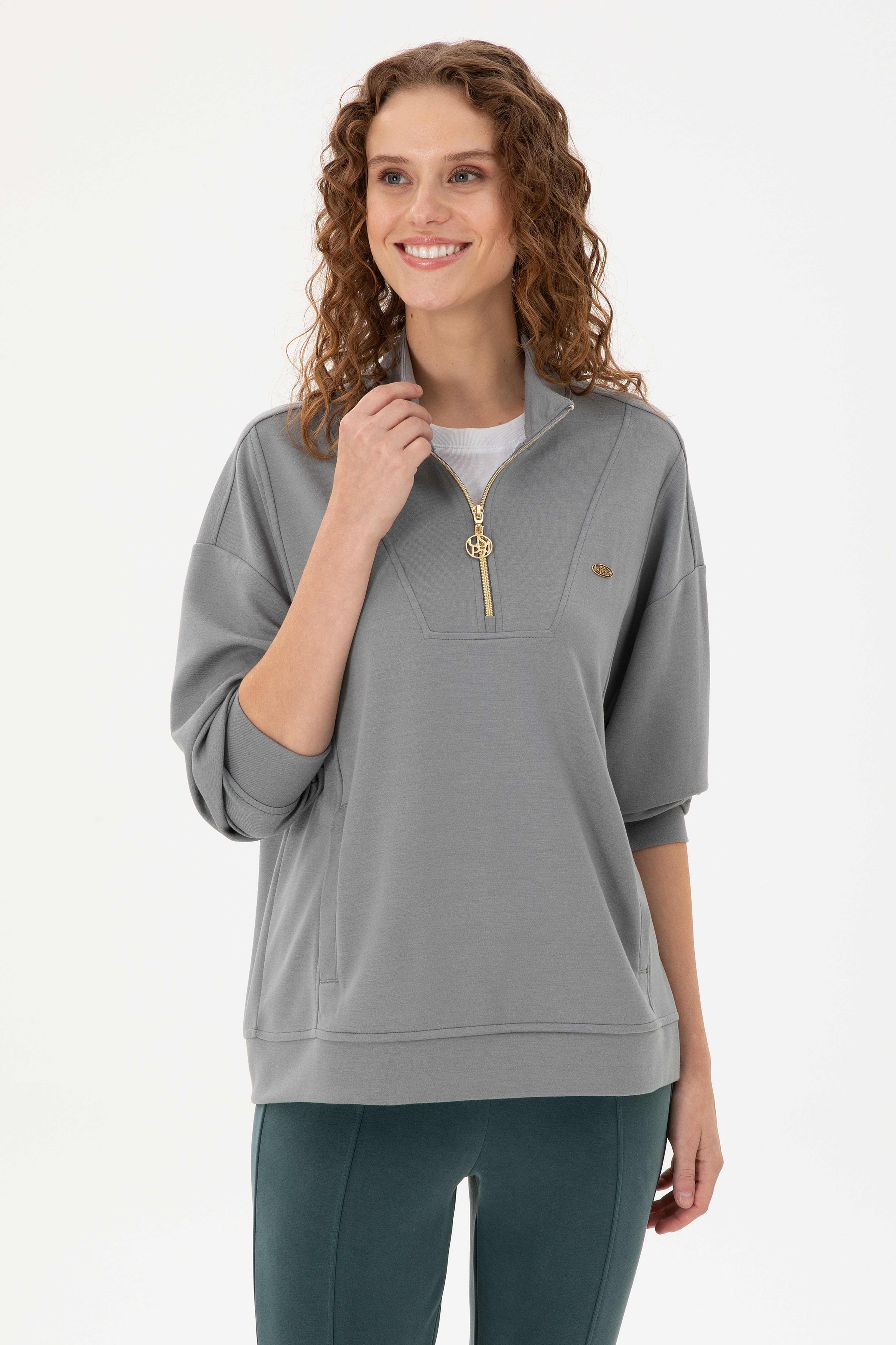 Kadın Gri Modal Karışımlı Fermuarlı Dik Yaka Sweatshirt - Image 1