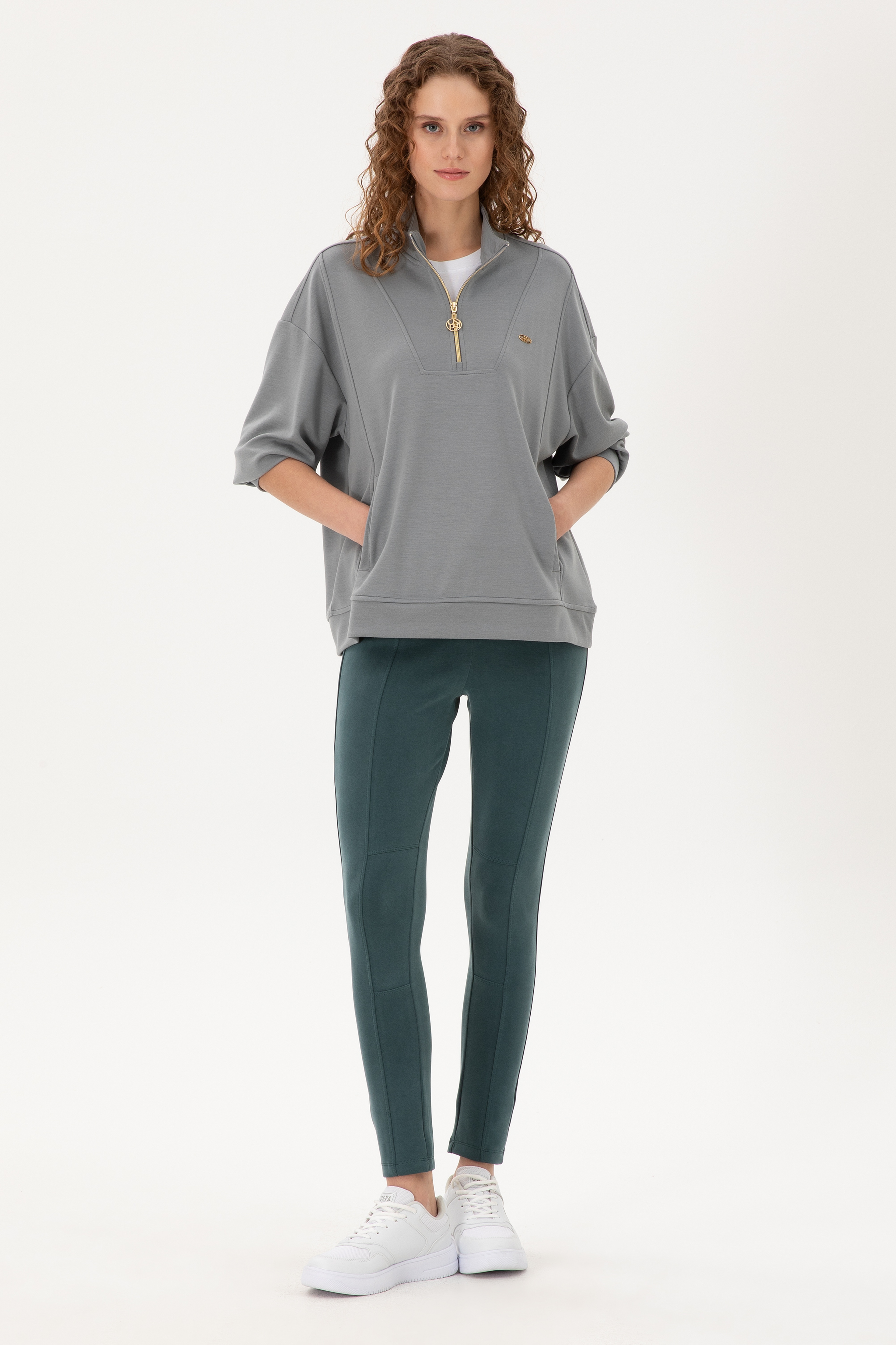 Kadın Gri Modal Karışımlı Fermuarlı Dik Yaka Sweatshirt - Image 4