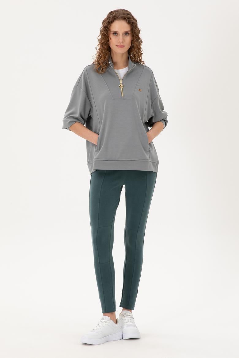 Kadın Gri Modal Karışımlı Fermuarlı Dik Yaka Sweatshirt - 50298988008