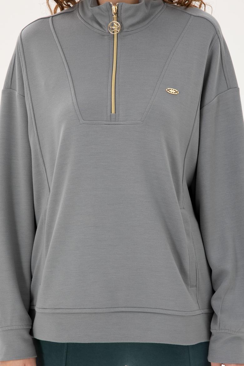 Kadın Gri Modal Karışımlı Fermuarlı Dik Yaka Sweatshirt - 50298988008