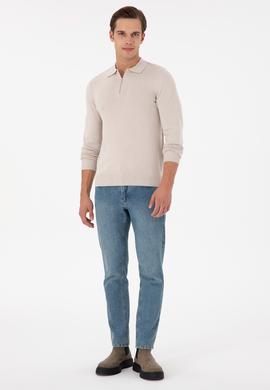 Erkek Slim Fit Yarım Fermuarlı Taş Melanj Basic Kazak - 50297066033