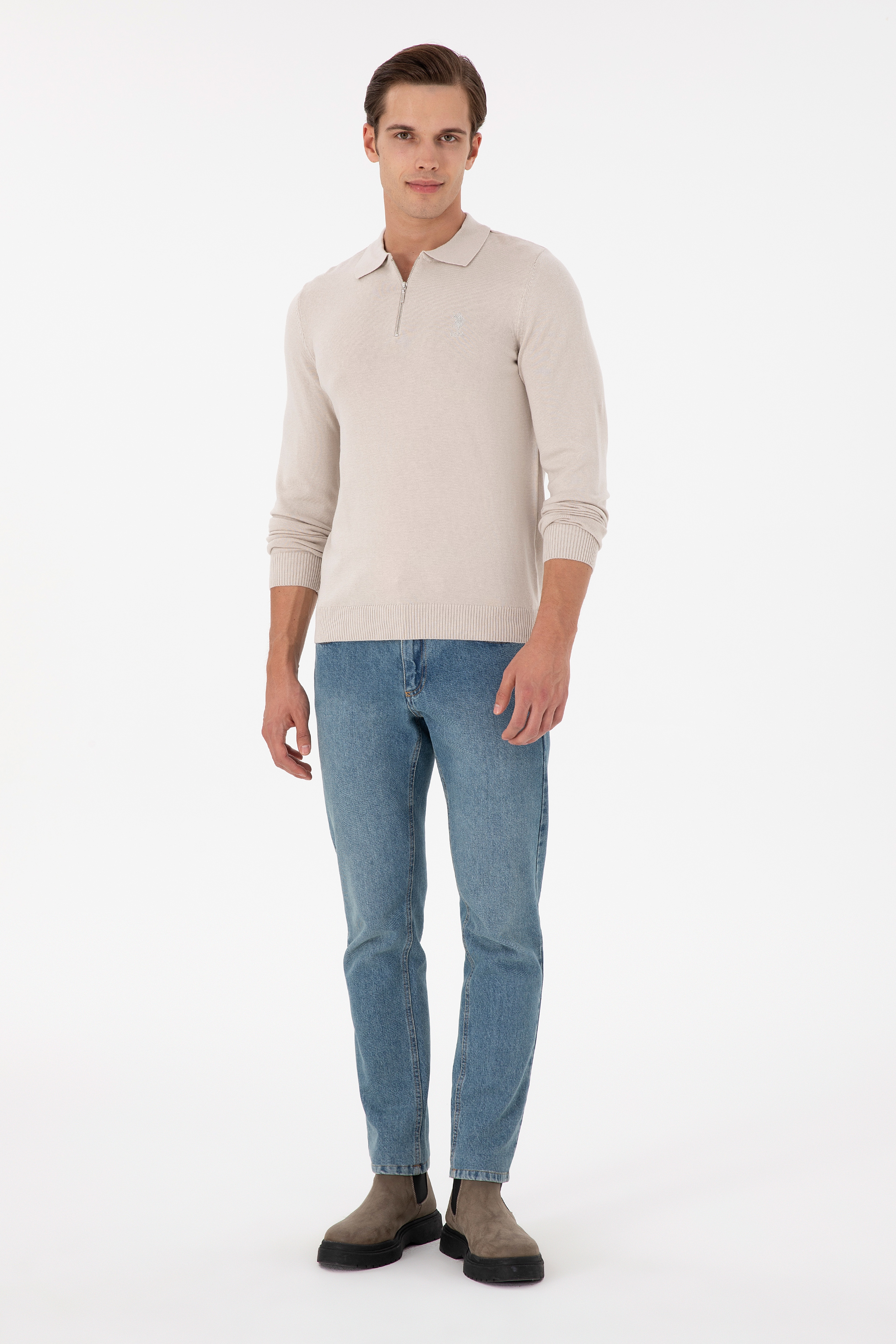 Erkek Slim Fit Yarım Fermuarlı Taş Melanj Basic Kazak - Image 4