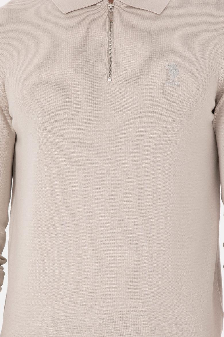 Erkek Slim Fit Yarım Fermuarlı Taş Melanj Basic Kazak - 50297066033