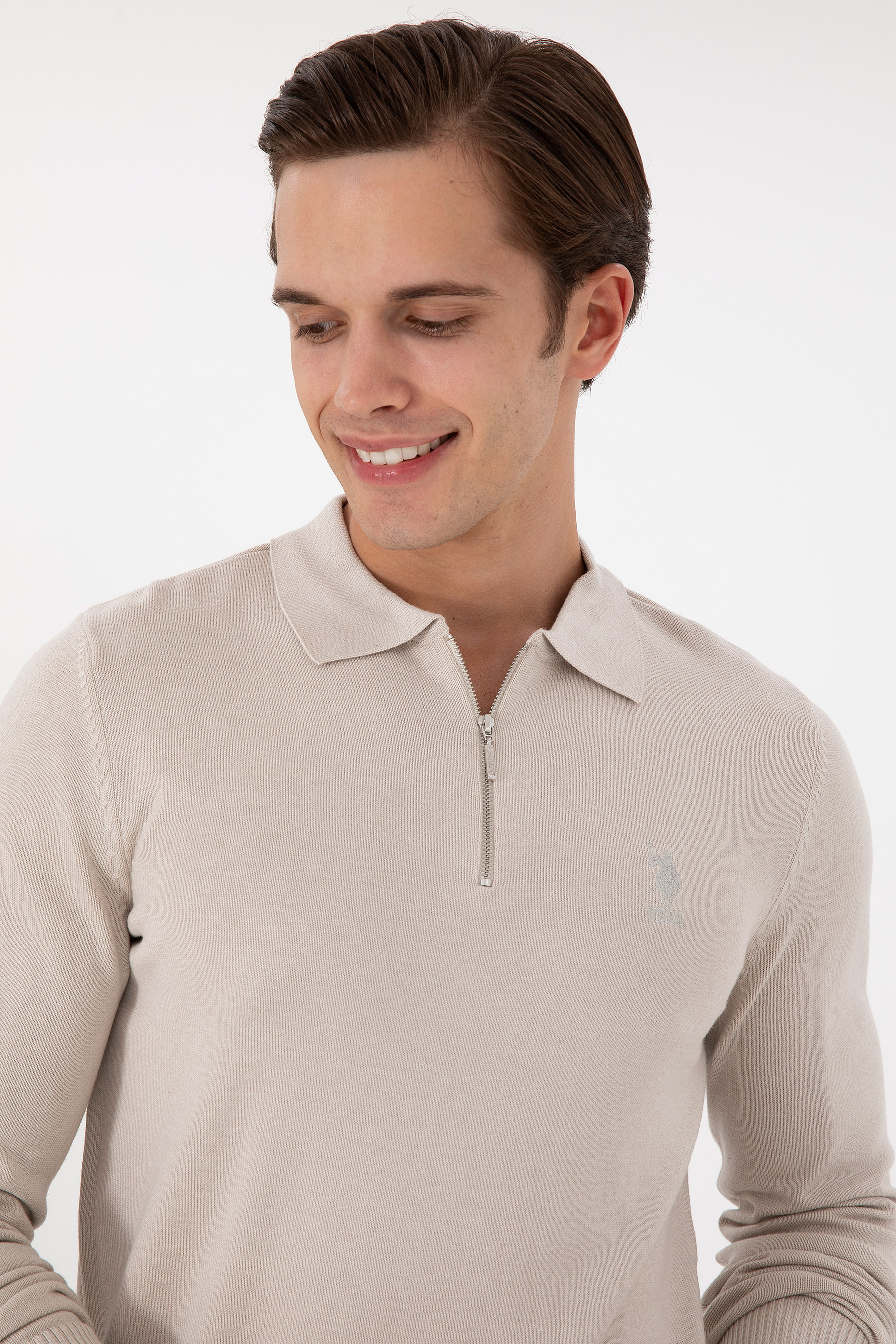 Erkek Slim Fit Yarım Fermuarlı Taş Melanj Basic Kazak - Image 2
