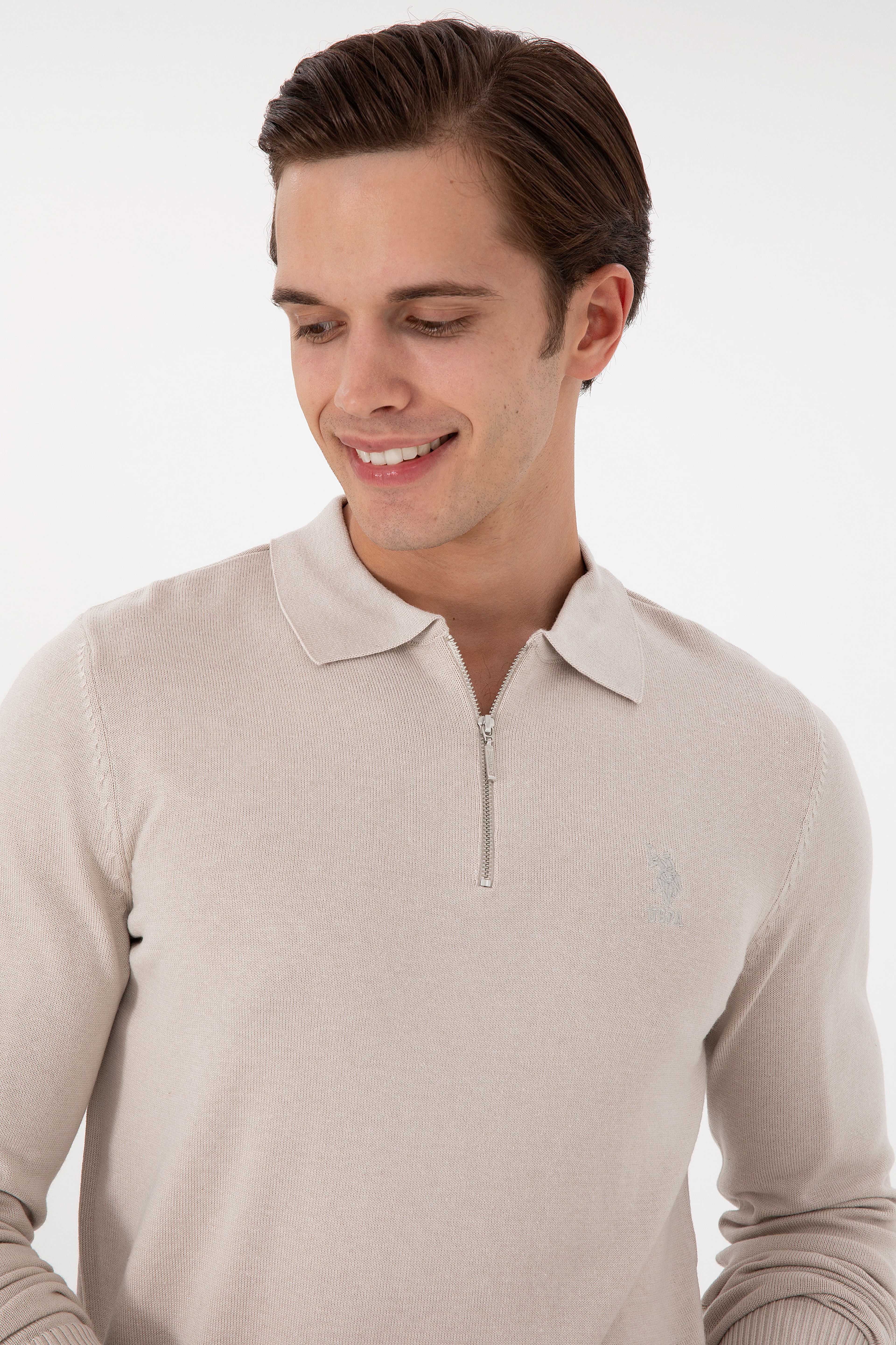 Erkek Slim Fit Yarım Fermuarlı Taş Melanj Basic Kazak