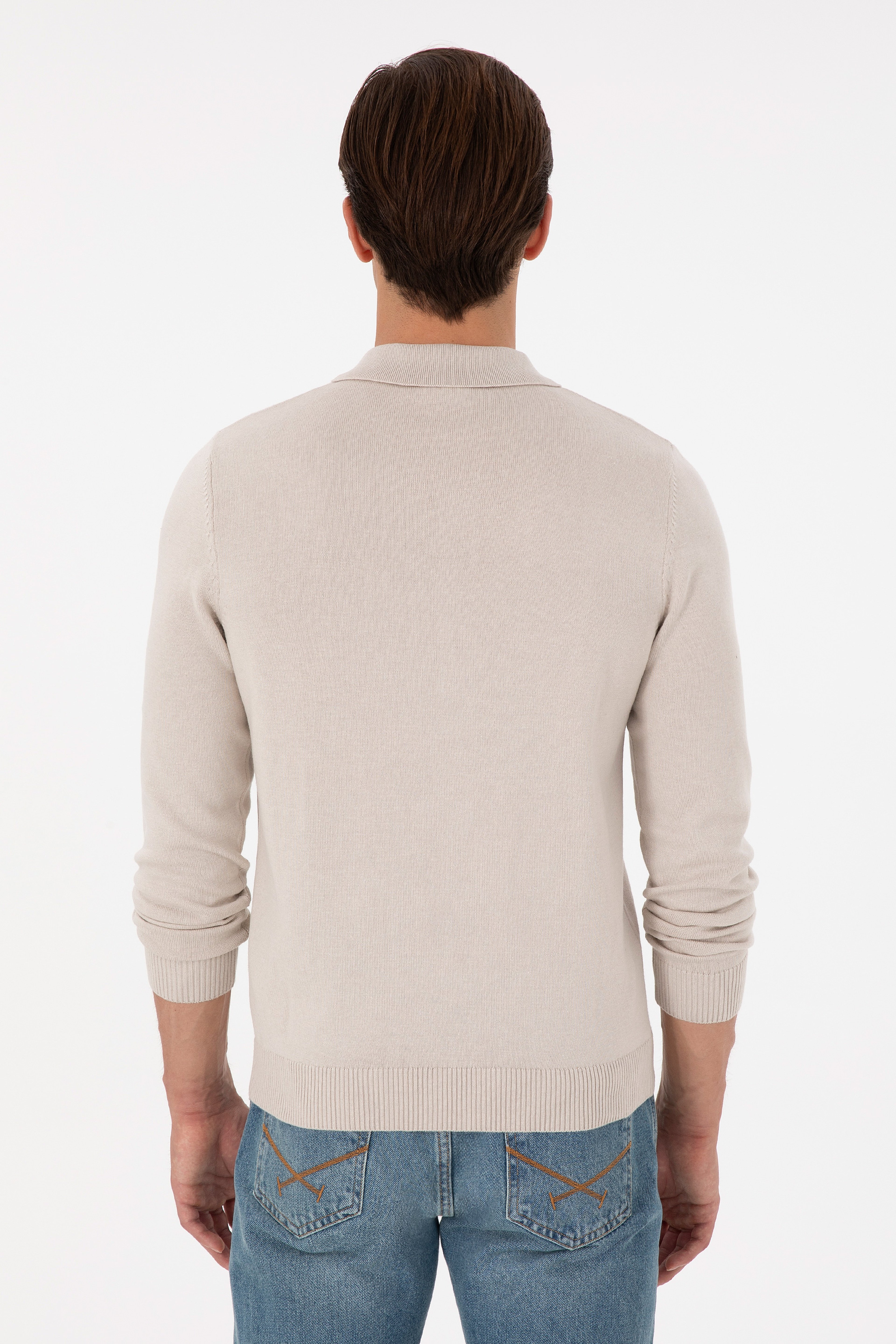 Erkek Slim Fit Yarım Fermuarlı Taş Melanj Basic Kazak