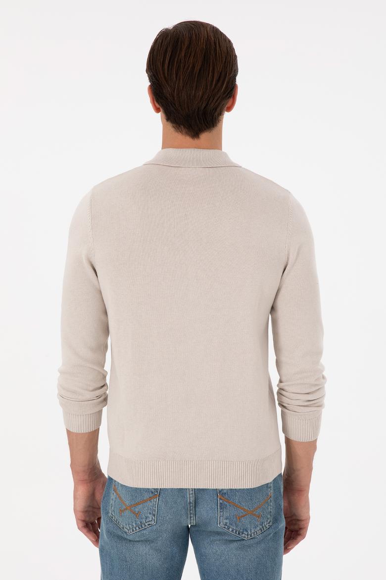 Erkek Slim Fit Yarım Fermuarlı Taş Melanj Basic Kazak - 50297066033