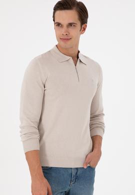 Erkek Slim Fit Yarım Fermuarlı Taş Melanj Basic Kazak - 50297066033