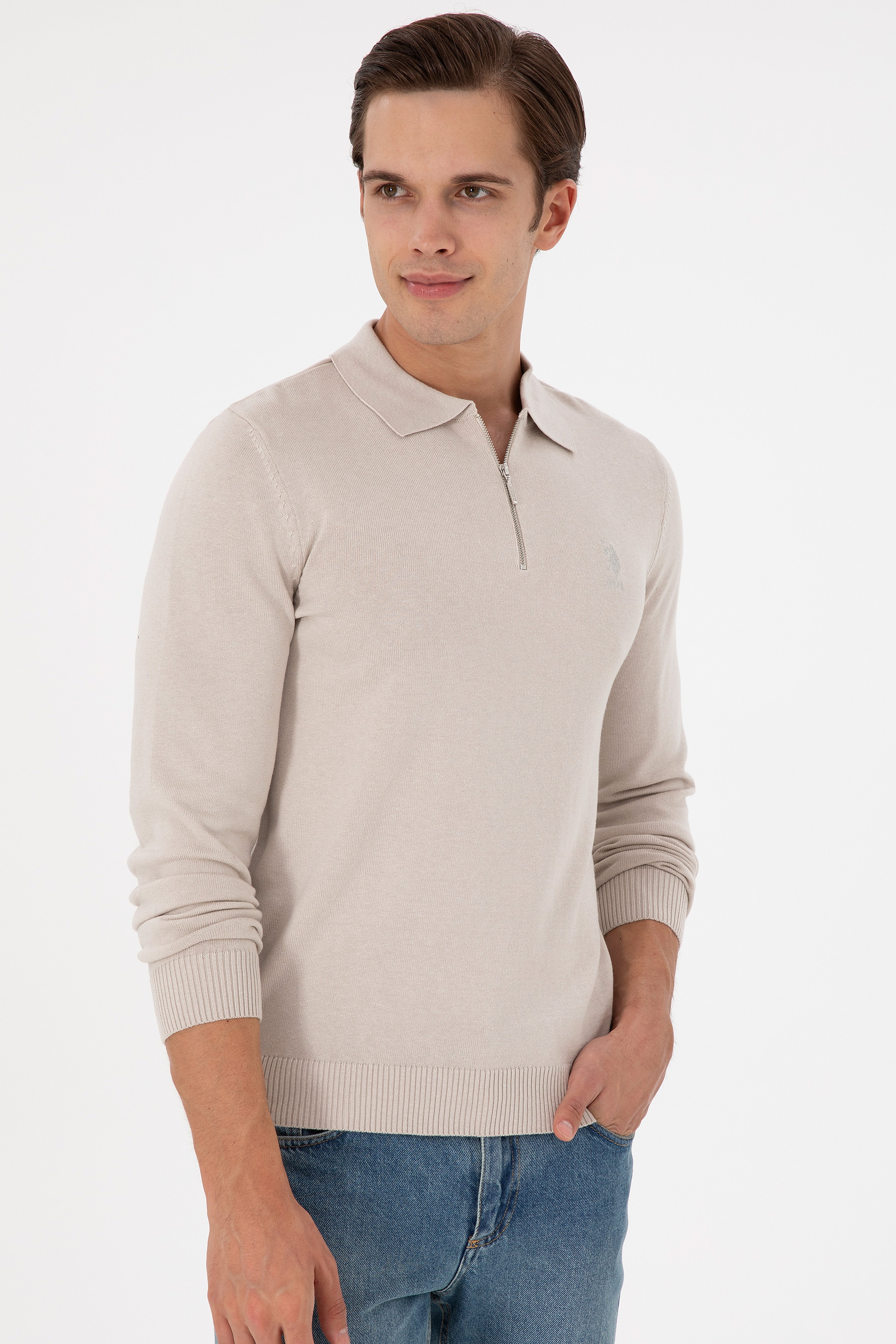 Erkek Slim Fit Yarım Fermuarlı Taş Melanj Basic Kazak - Image 3
