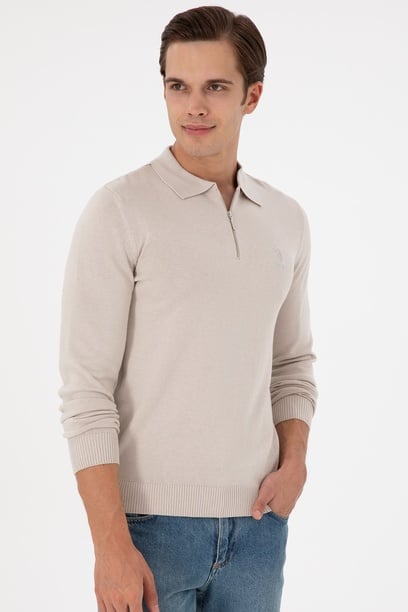 Erkek Slim Fit Yarım Fermuarlı Taş Melanj Basic Kazak