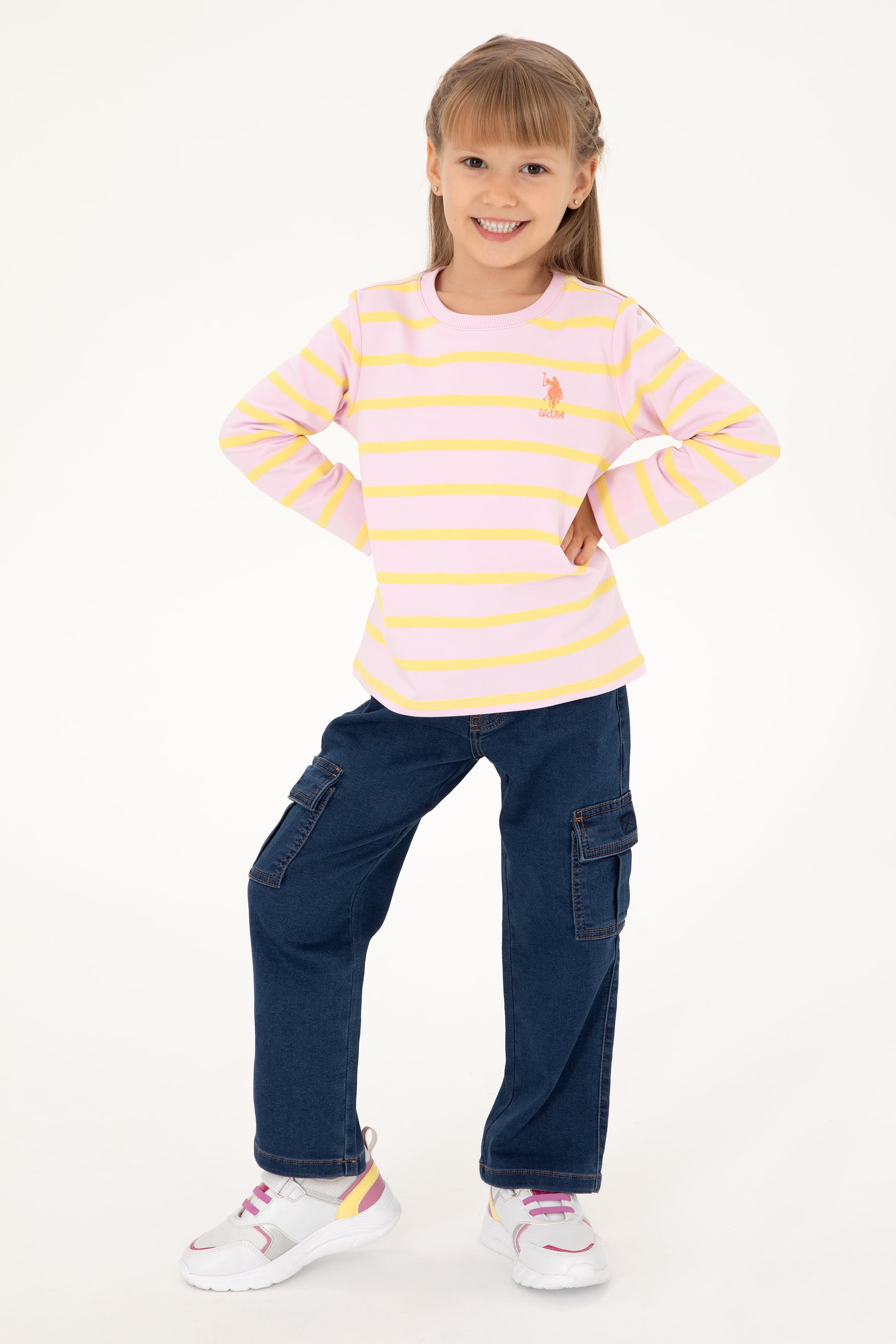 Kız Çocuk Pembe Bisiklet Yaka Sweatshirt - Image 1
