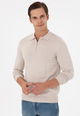 Erkek Slim Fit Yarım Fermuarlı Taş Melanj Basic Kazak - 50297066033