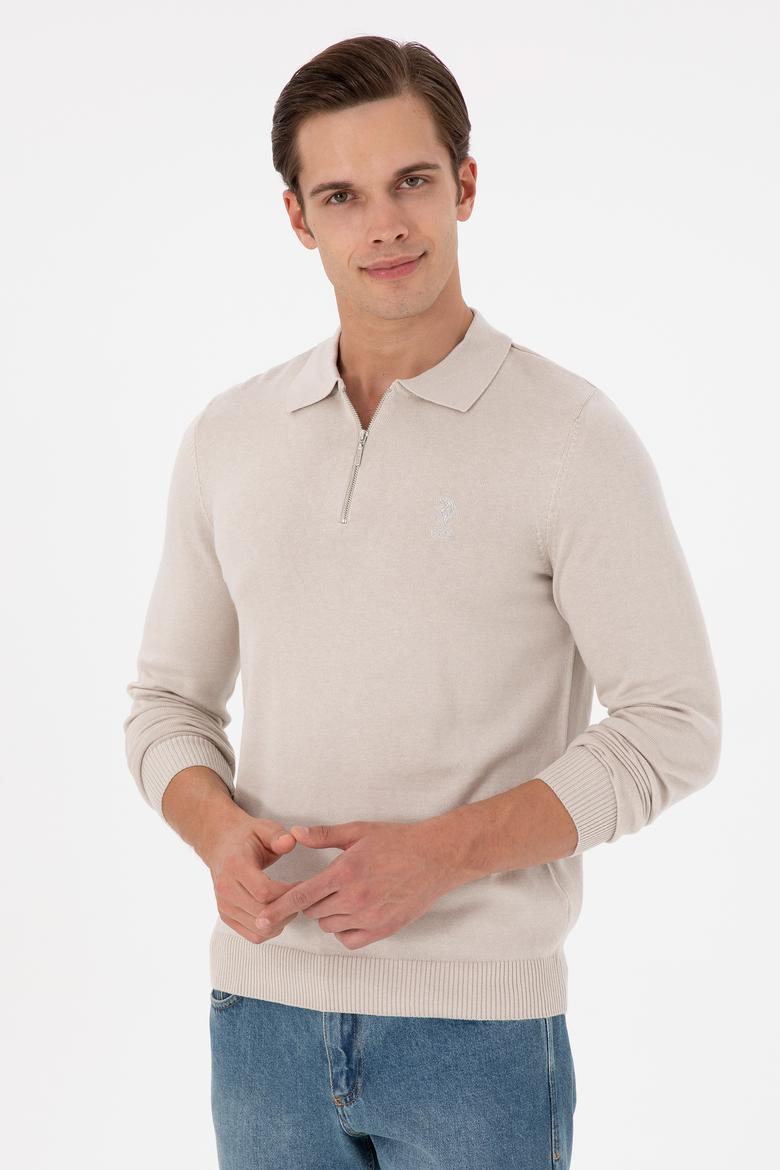 Erkek Slim Fit Yarım Fermuarlı Taş Melanj Basic Kazak