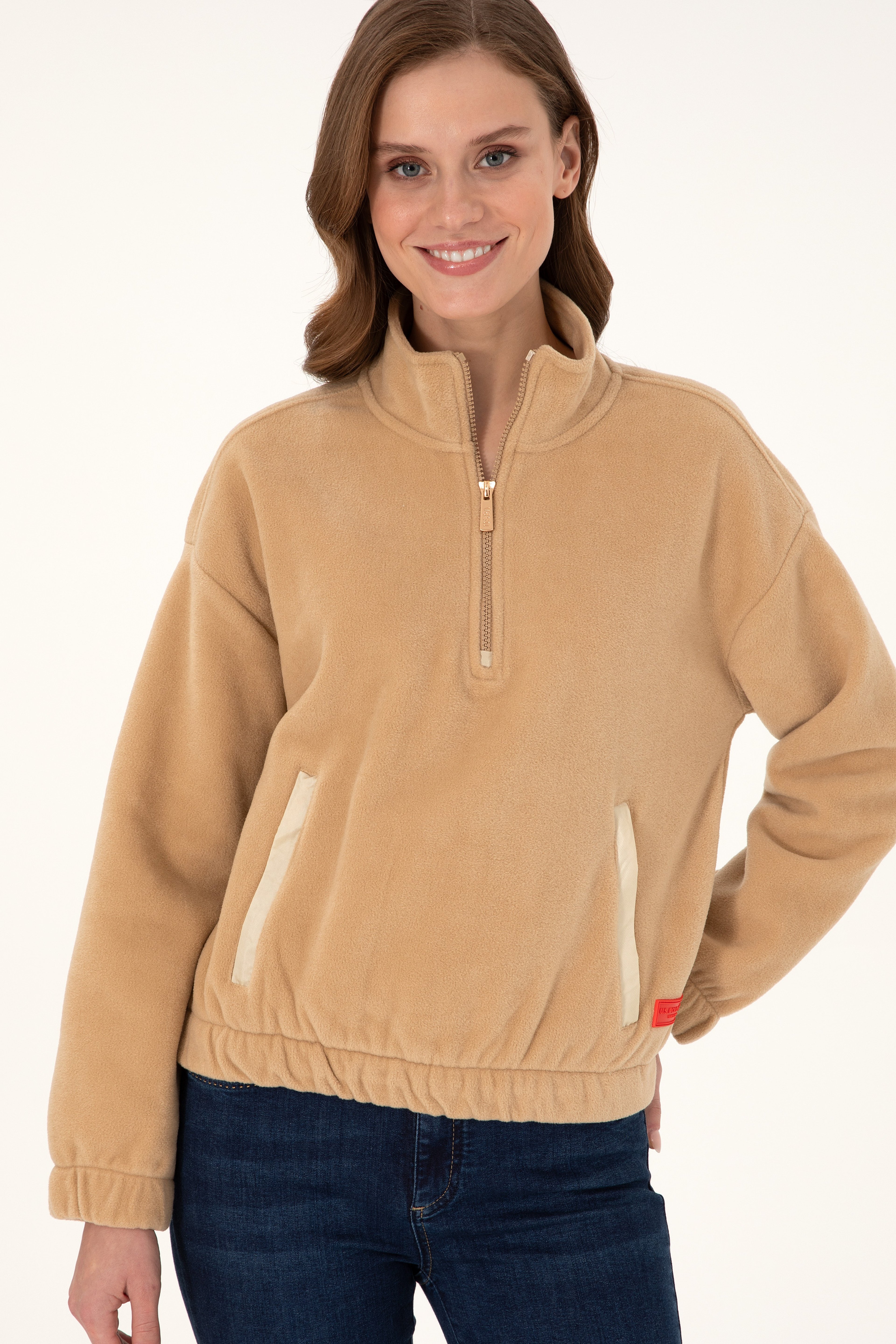 Kadın Kum Dik Yaka Fermuarlı Polar Sweatshirt - Image 3