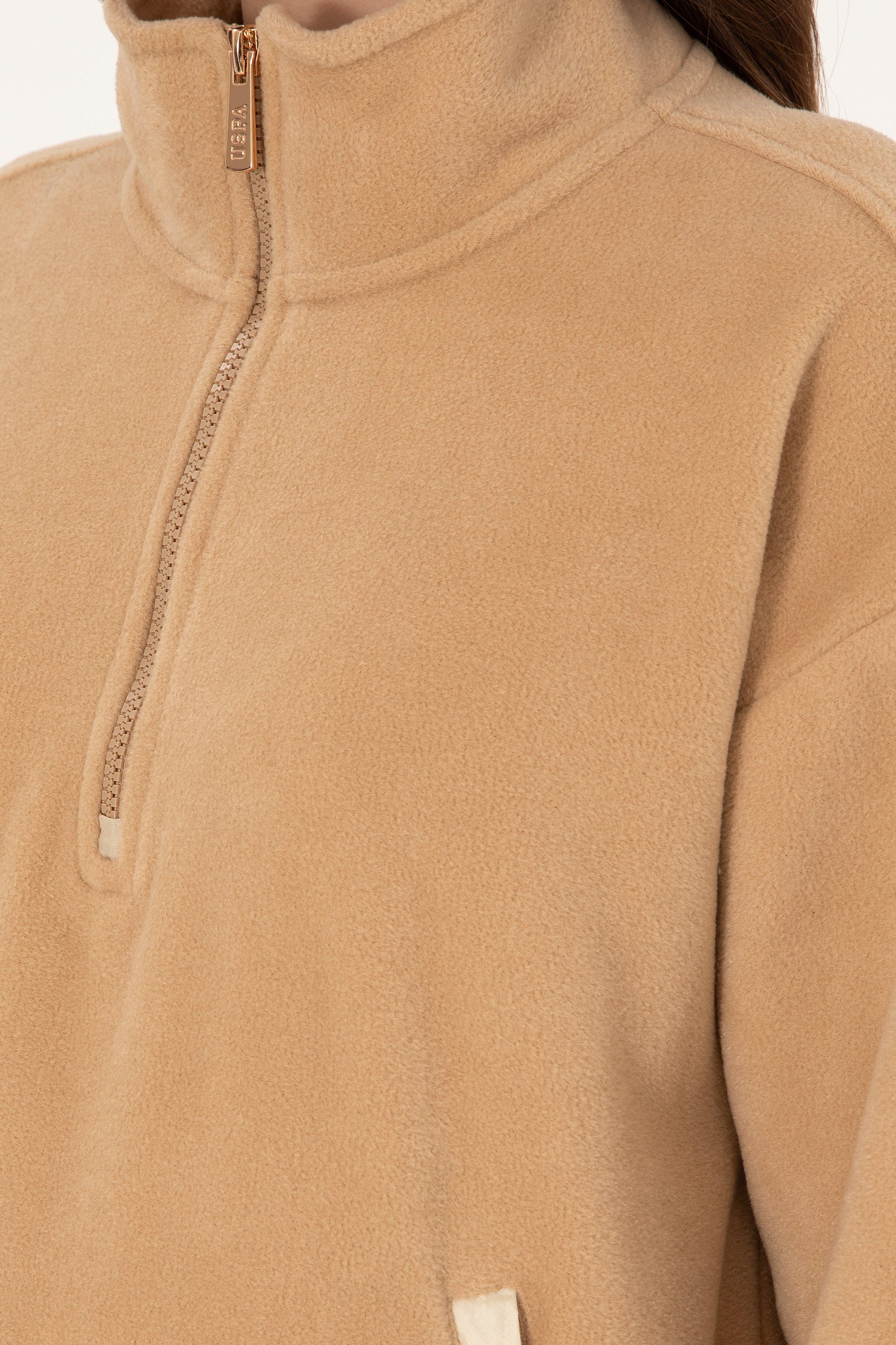 Kadın Kum Dik Yaka Fermuarlı Polar Sweatshirt