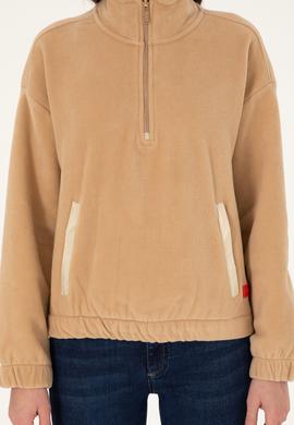 Kadın Kum Dik Yaka Fermuarlı Polar Sweatshirt - 50297401014