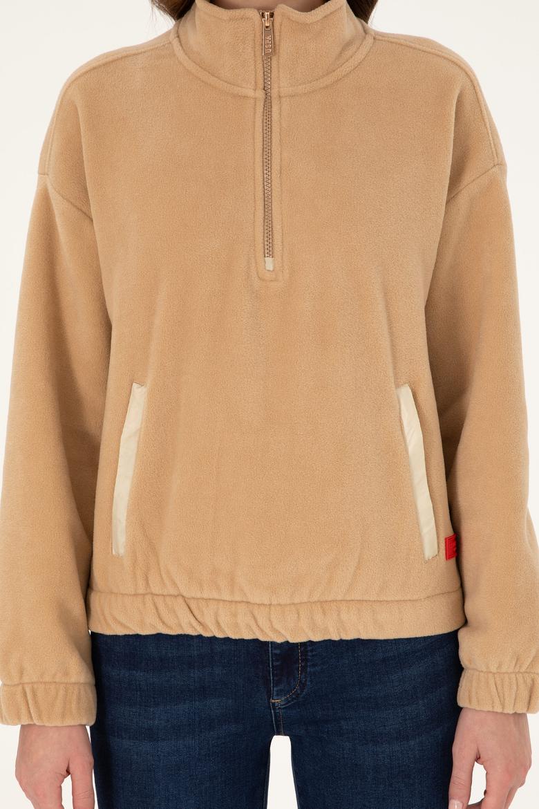 Kadın Kum Dik Yaka Fermuarlı Polar Sweatshirt - 50297401014