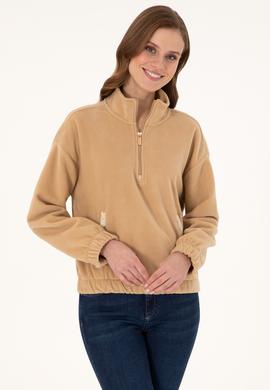 Kadın Kum Dik Yaka Fermuarlı Polar Sweatshirt - 50297401014