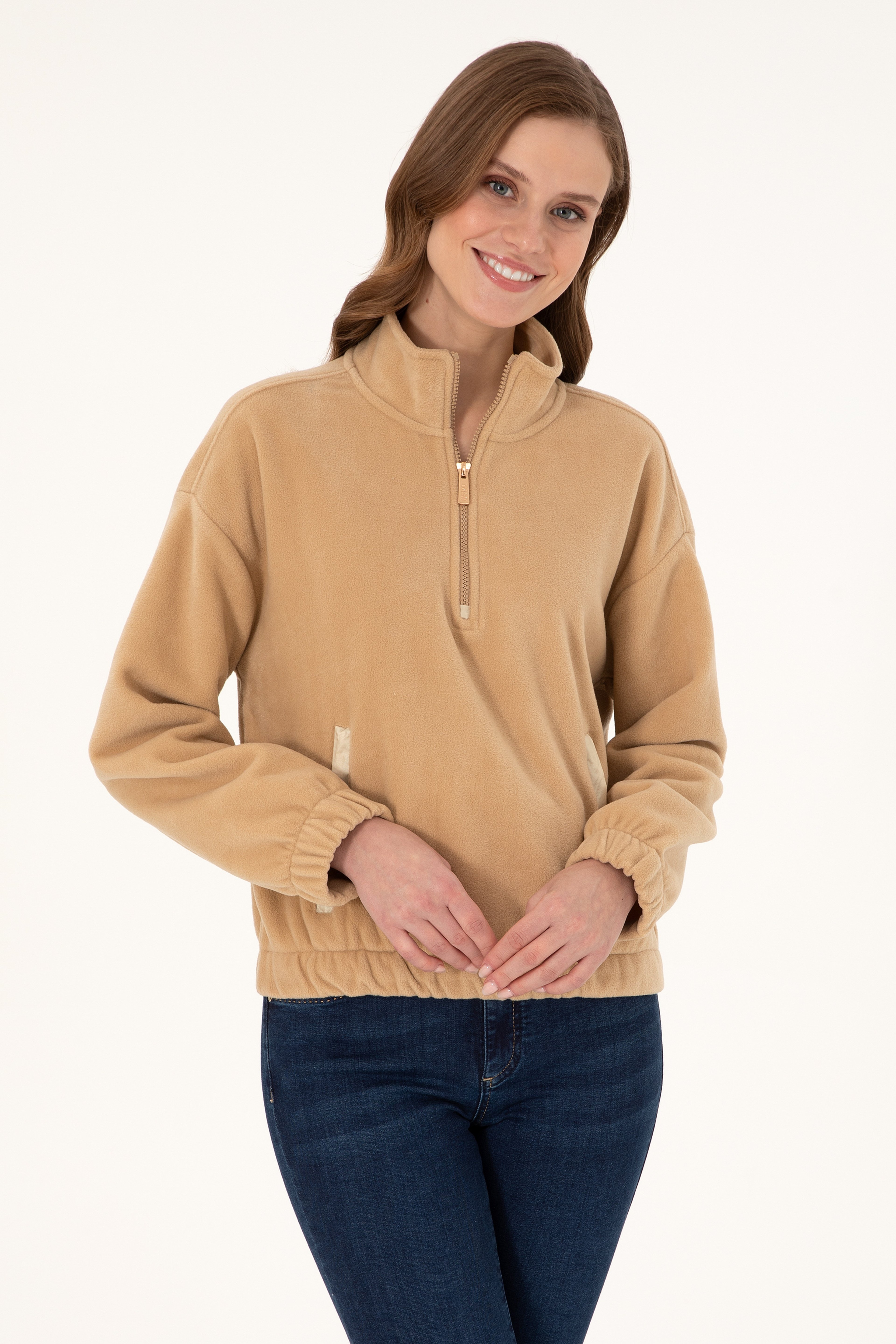 Kadın Kum Dik Yaka Fermuarlı Polar Sweatshirt