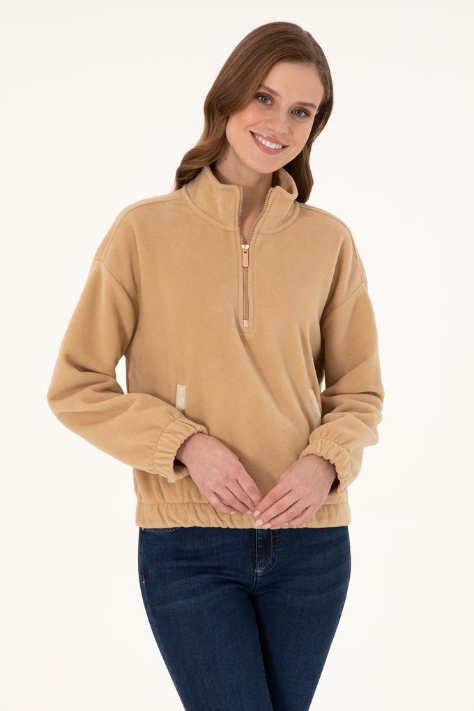 Kadın Kum Dik Yaka Fermuarlı Polar Sweatshirt