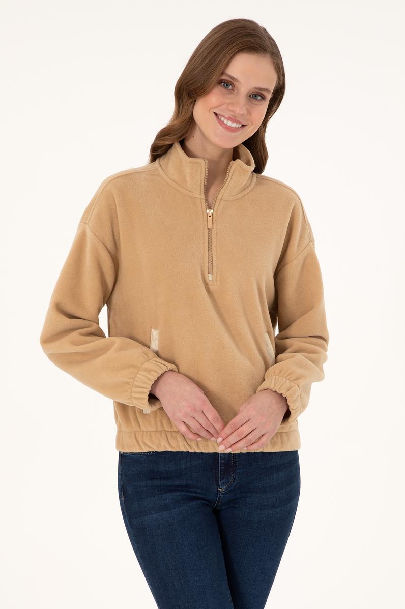 Kadın Kum Dik Yaka Fermuarlı Polar Sweatshirt